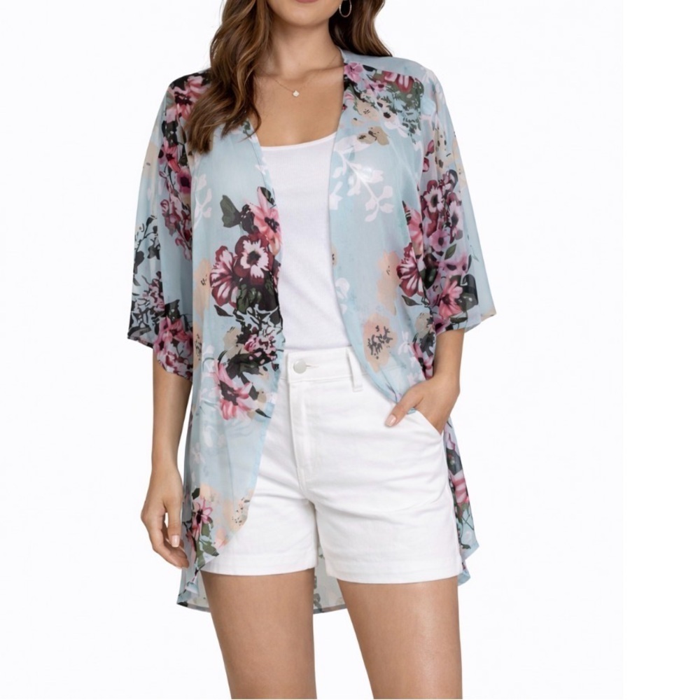 Pale blue floral print semi sheer open front shorts sleeve top/blouse SZ M